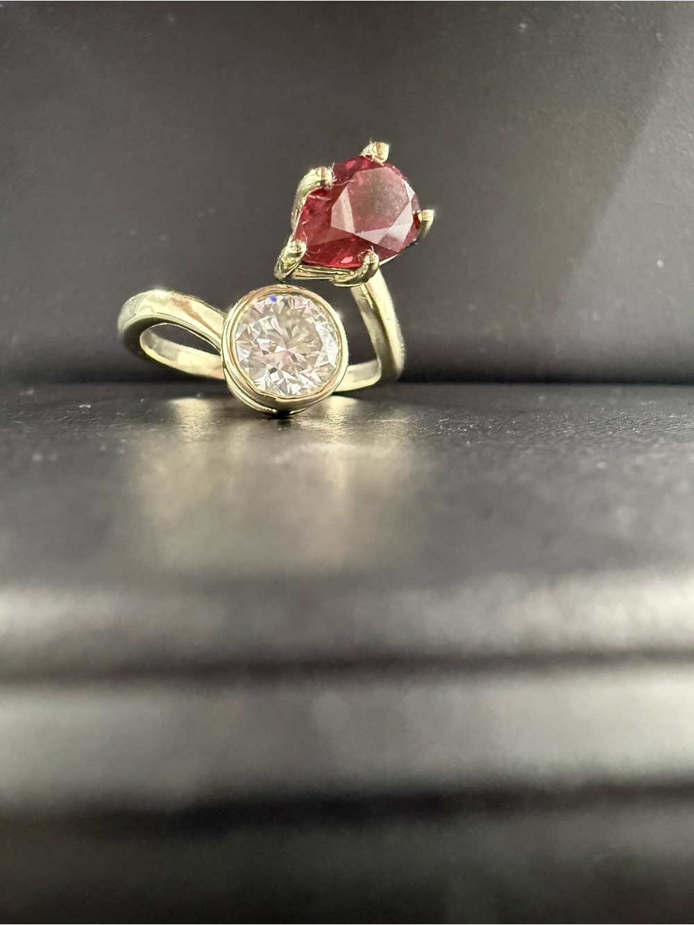 Toi et Moi Gold Ring with Red Pear Gem and Clear Round Stone